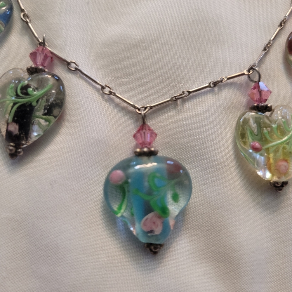 Vintage Sterling Venetian Murano Lampwork Heart Bead 925 Silver Charm Necklace - Picture 10 of 11